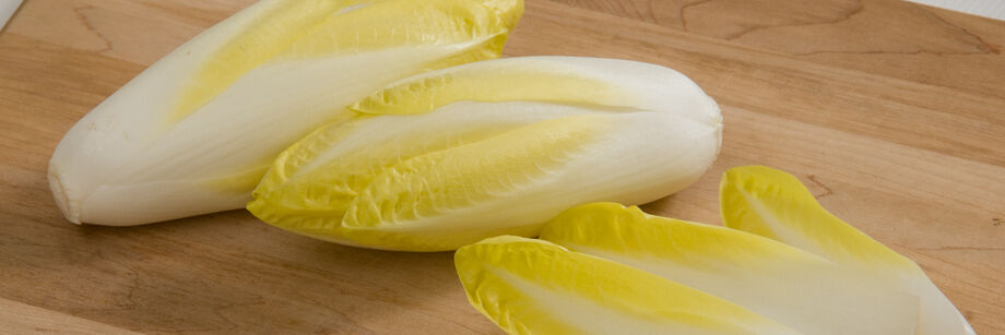 Belgian endive heads displayed on a wood cutting board.